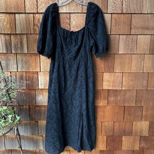 Sanctuary Black Eyelet Elastic Back Puff Sleeve Romantic Midi Dress - Women's 12